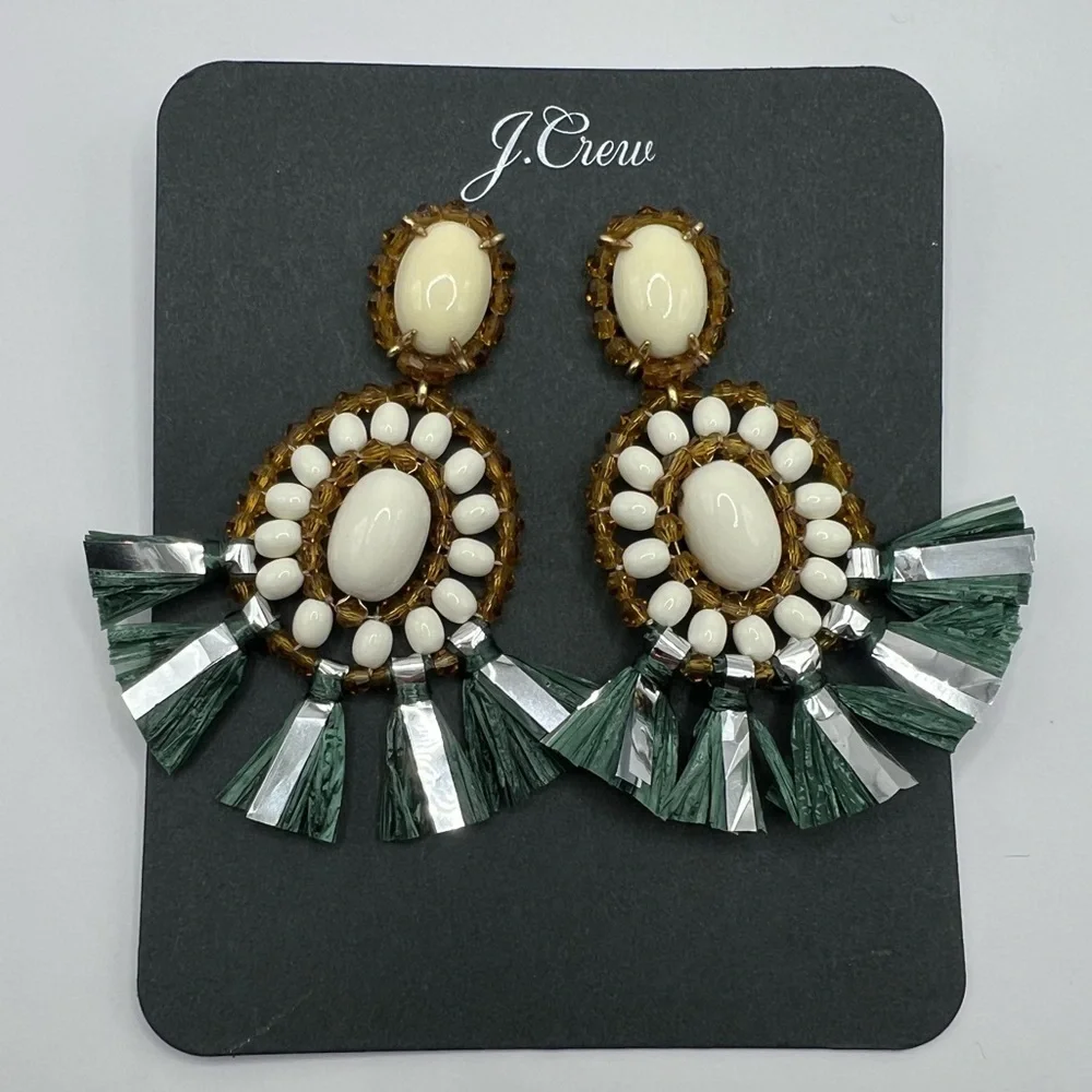 NWT! J. Crew Bead and Raffia Fringe Stone Drop Earrings And Dust Bag
